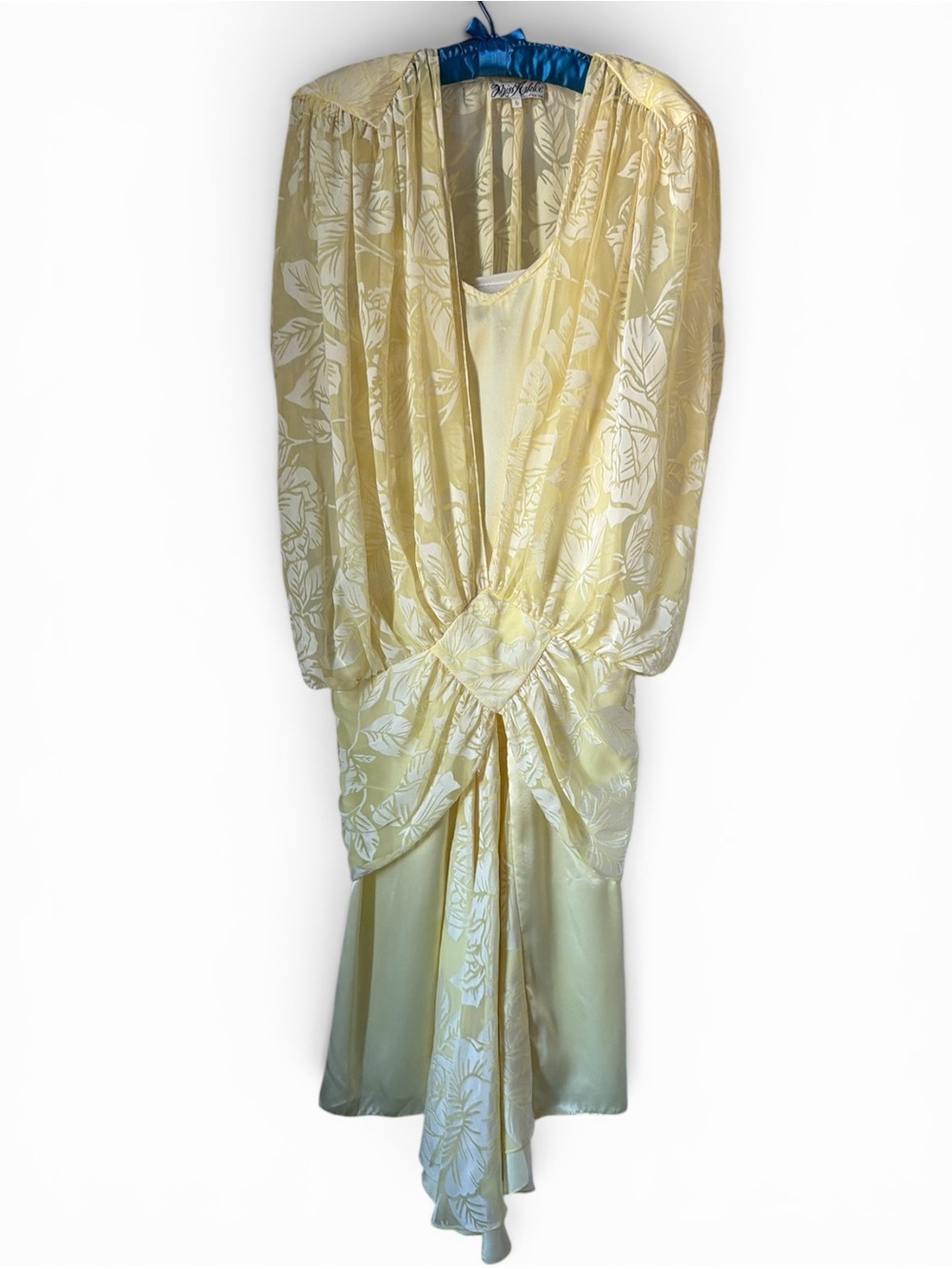 Vintage 80’s Yellow Floral Satin Draped Bodice Cocktail Dress Flowy Skirt